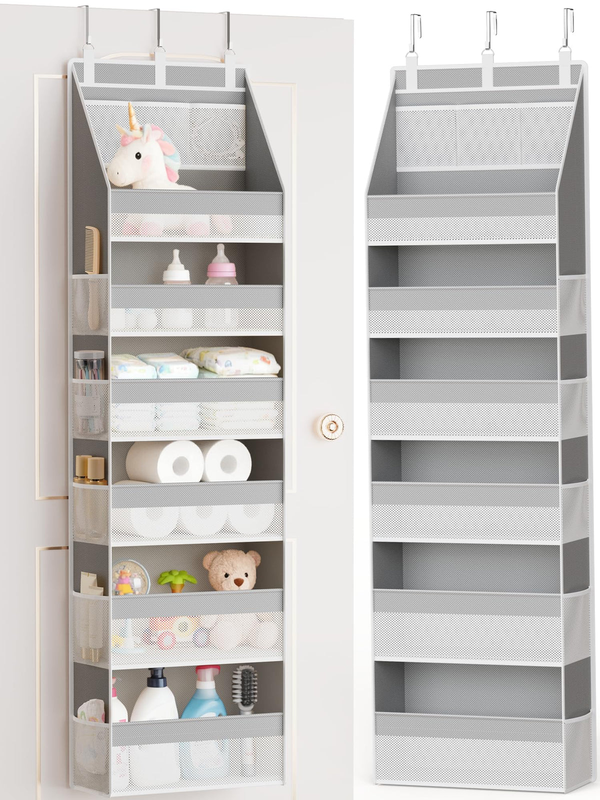Criusia Over the Door Organizer, 6-Shelf Closet Hanging Storage with 13 Mesh Pockets, 55lbs Capacity Behind the Door Storage for Baby Nursery, Bathroom, Bedroom, and Dorm, Beige