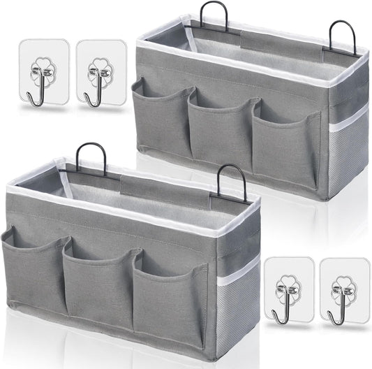 Kanrichu Wall Hanging Organizer Bag, 2-Pack Linen Storage Baskets with Pockets, WallHanging Storage Basket for Bedroom, Kitchen, Office, RV Camper (Gray)