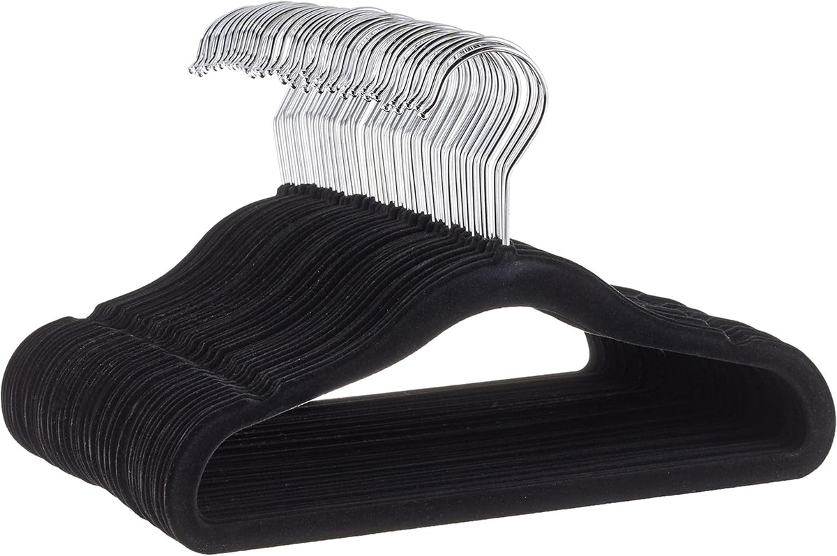 Amazon Basics Kids Space Saving Velvet Non-Slip Clothes Hangers with Shoulder Notches for Infant and Toddler, 11.6", Black, 50-Pack