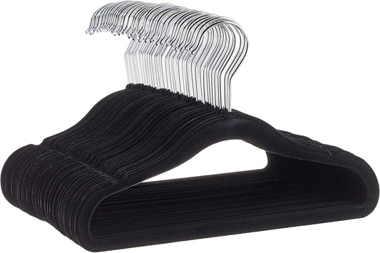 Amazon Basics Kids Space Saving Velvet Non-Slip Clothes Hangers with Shoulder Notches for Infant and Toddler, 11.6", Black, 50-Pack