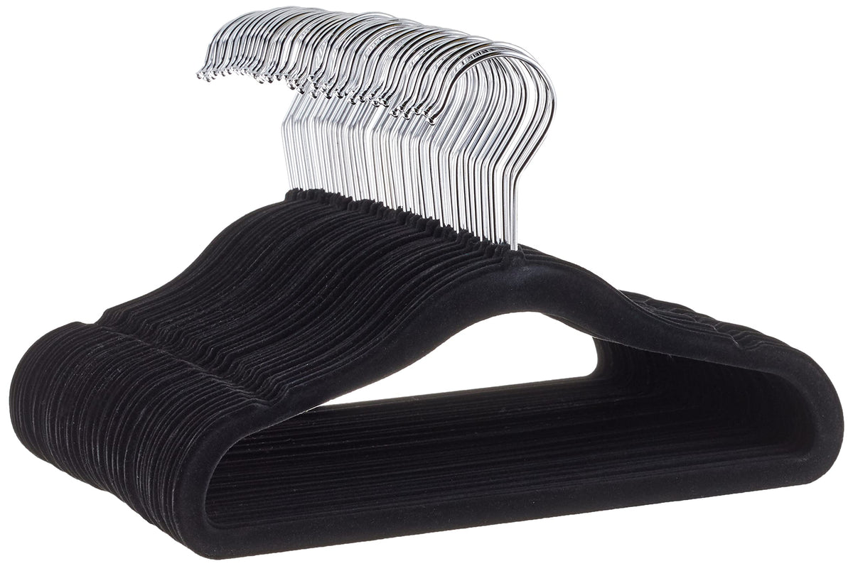 Amazon Basics Kids Space Saving Velvet Non-Slip Clothes Hangers with Shoulder Notches for Infant and Toddler, 11.6", Black, 50-Pack