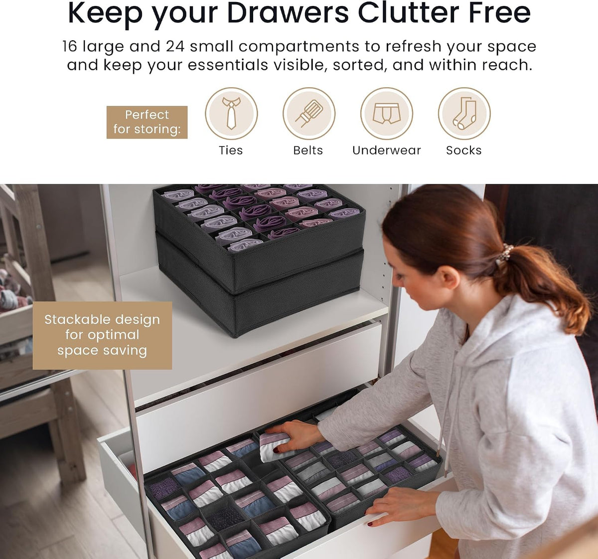 Reli. Sock Organizer (4 Pack) | 16+24 Cell Underwear Organizer | Gray
