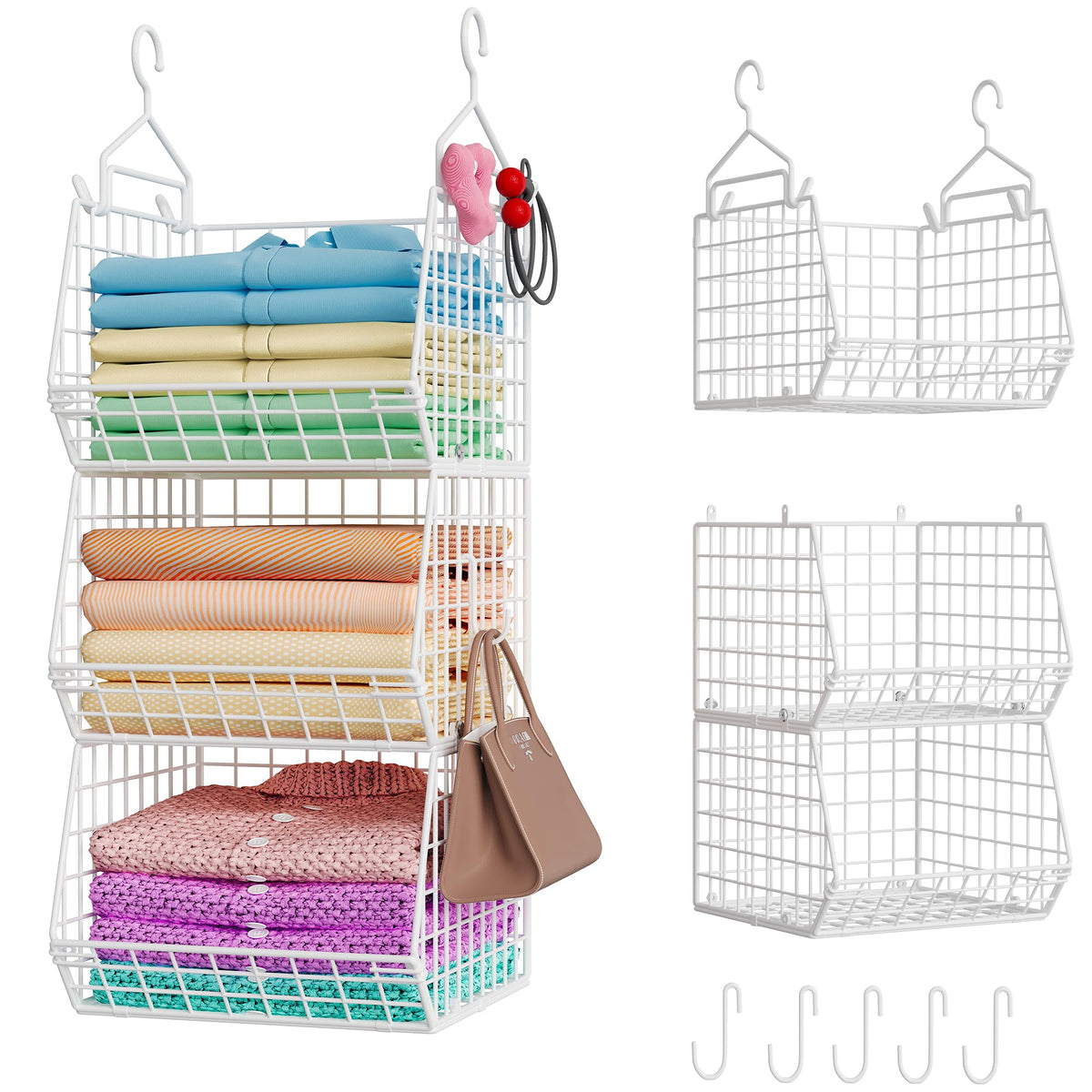 X-cosrack 3-Tier Hanging Closet Organizer, Laundry Room Organization | Space Saving Shelves with 1.65" Hook & 5 S-Hooks | Hanging Wire Baskets (12.4" W x 8.8" H x 10.24-11.8" D)