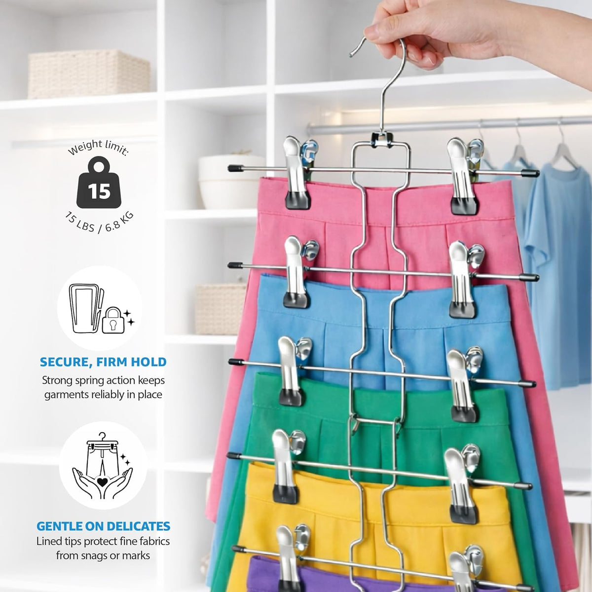 ZOBER 3-Pack 6-Tier Skirt Hangers with Clips, Clothes Hangers for Pants