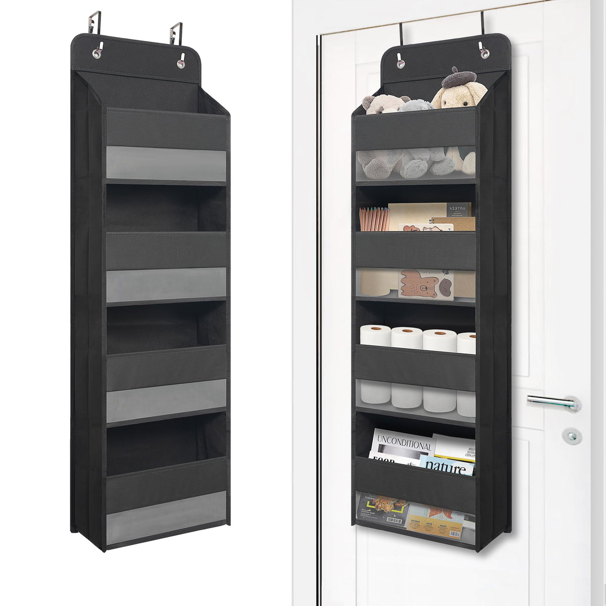 Giraffe Creation Black Over Door Organizer with 4 Large Clear Pockets, Hanging Door Storage for Closet, Bathroom, Bedroom, Dorm, Nursery, Toys, Toiletries, Cosmetics