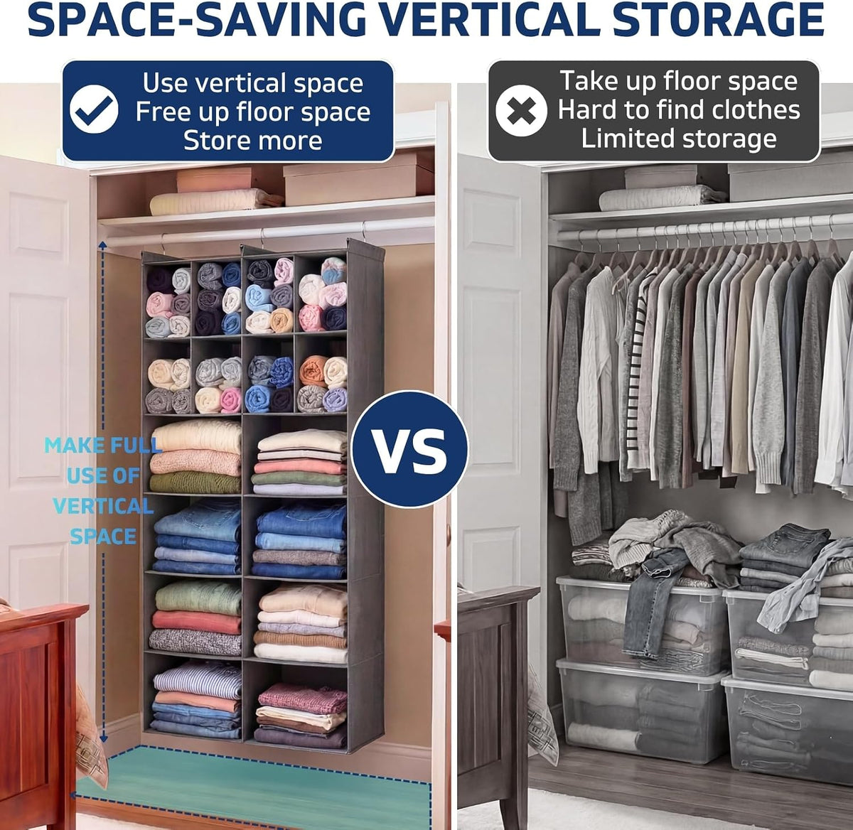 6 Tier Hanging Closet Organizer, 16 Compartments Dual Row Storage, Grey