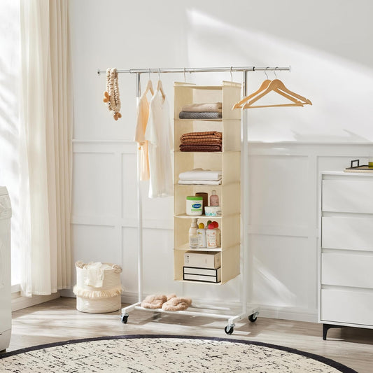 MAX Houser 6 Tier Shelf Hanging Closet Organizer with 2 Hooks, Beige