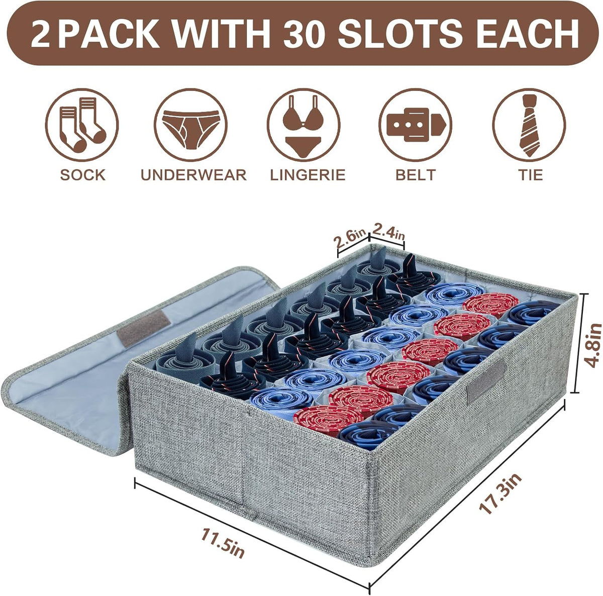PINGMIC 2-Pack Sock & Tie Organizer with Lid, 30-Cell Foldable Storage Box