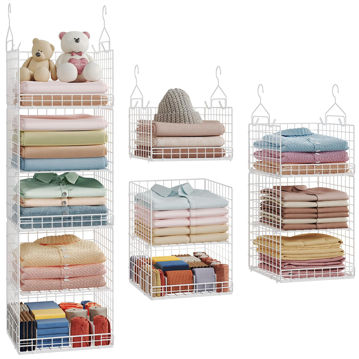 Yuyetuyo 5 Tier Closet Hanging Organizer and Storage Separable Hanging Closet Shelves with 4 Hooks 2 Adjustable Dividers, Wire Storage Basket Bins for Clothing Sweaters Socks Dolls Handbags, Foldable