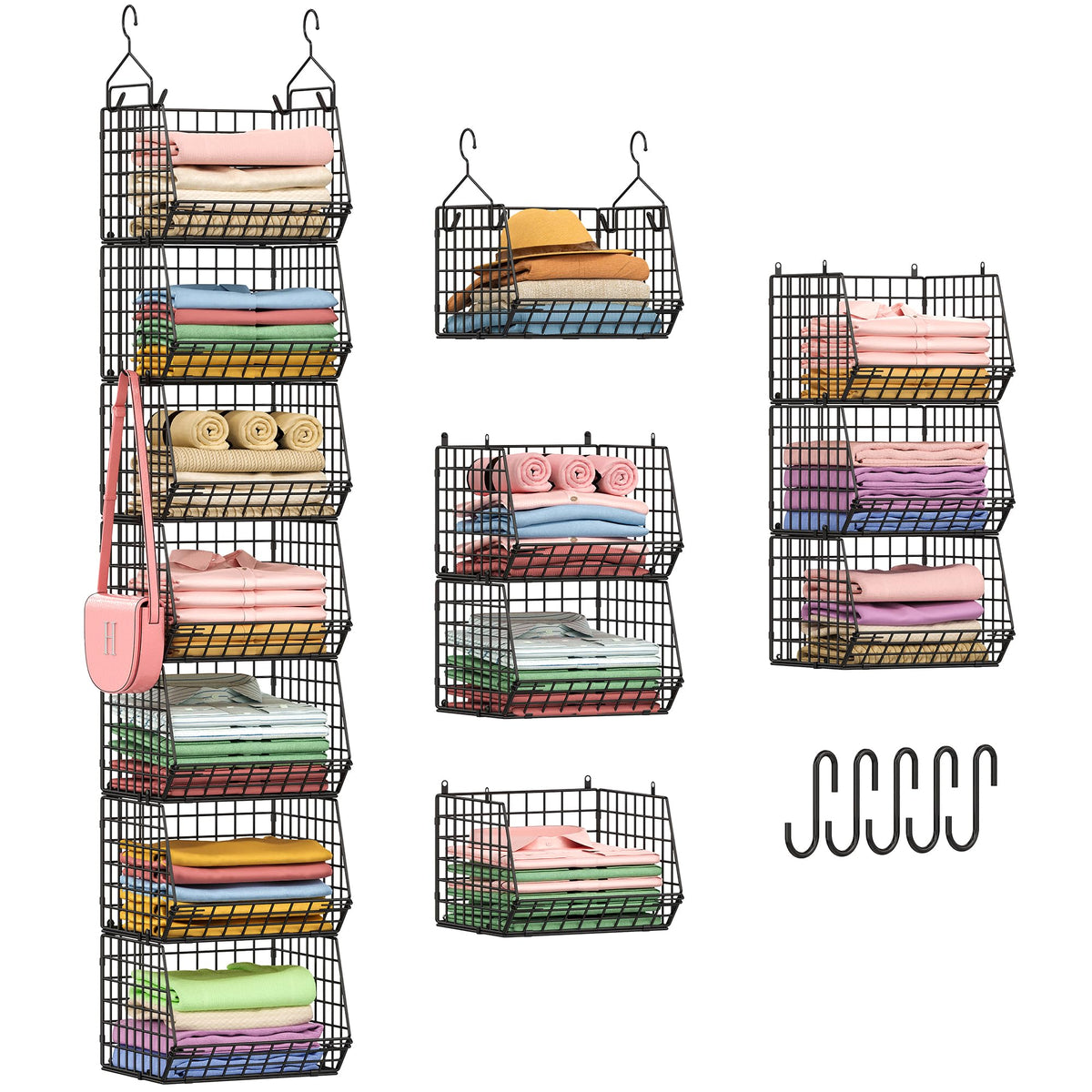 X-cosrack 3-Tier Hanging Closet Organizer, Laundry Room Organization | Space Saving Shelves with 1.65" Hook & 5 S-Hooks | Hanging Wire Baskets (12.4" W x 8.8" H x 10.24-11.8" D)
