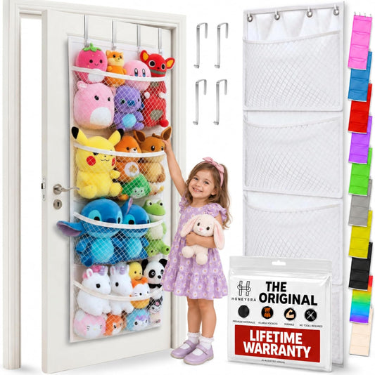 Honeyera The Original Stuffed Animal Storage (Patented) - Over Door Organizer for Stuffies, Baby Ideas Holder, Toy Plush Hammock Hanging Net Big Girls Toddler Large Bag Animals Stuffy Behind