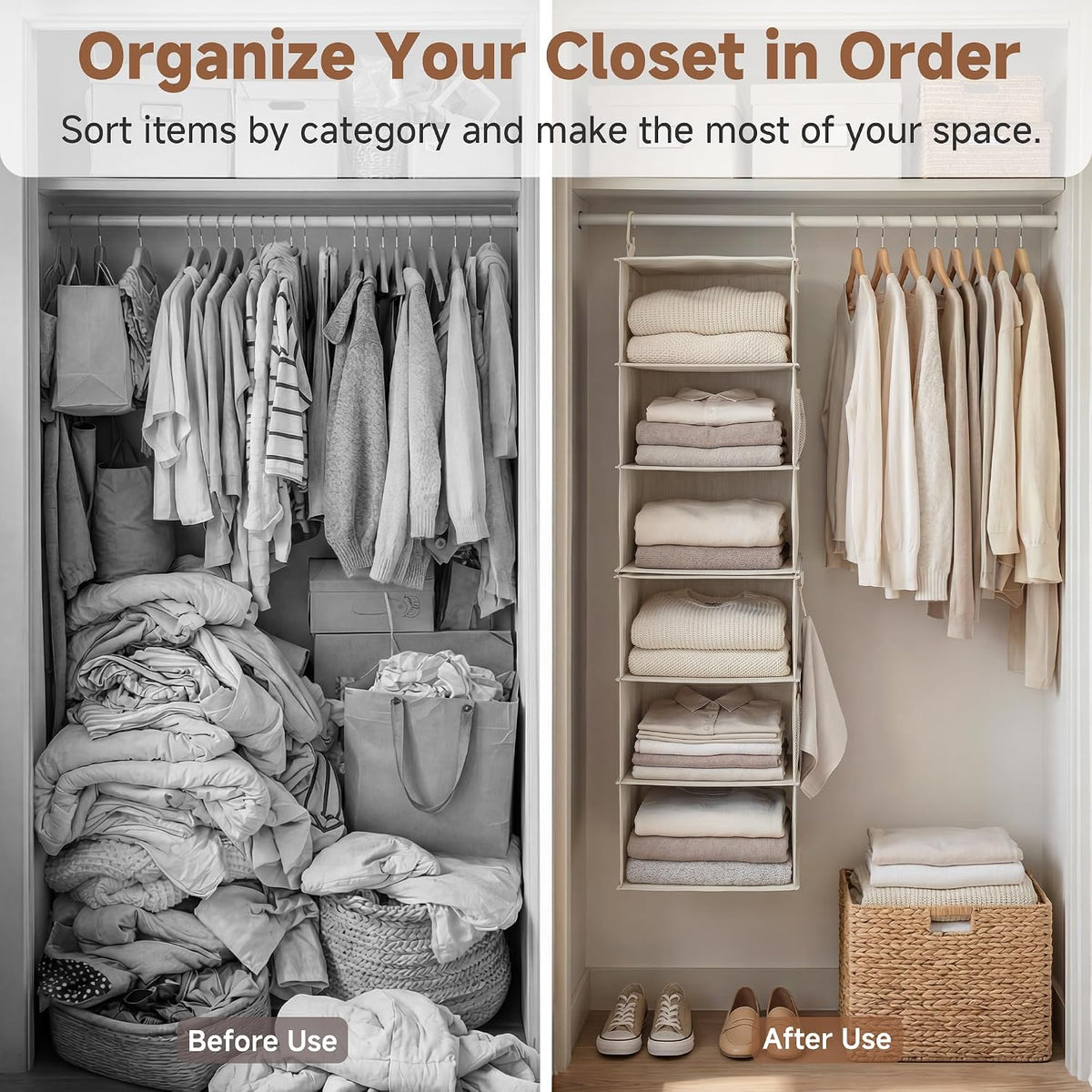 StorageWorks Hanging Closet Organizer, 6-Shelf with 2-in-1 Design, Ivory