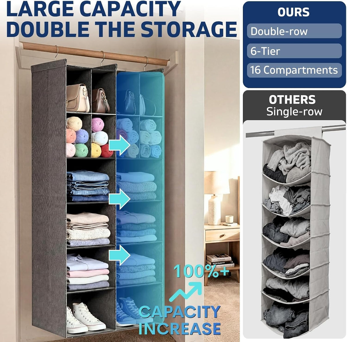 6 Tier Hanging Closet Organizer, 16 Compartments Dual Row Storage, Grey