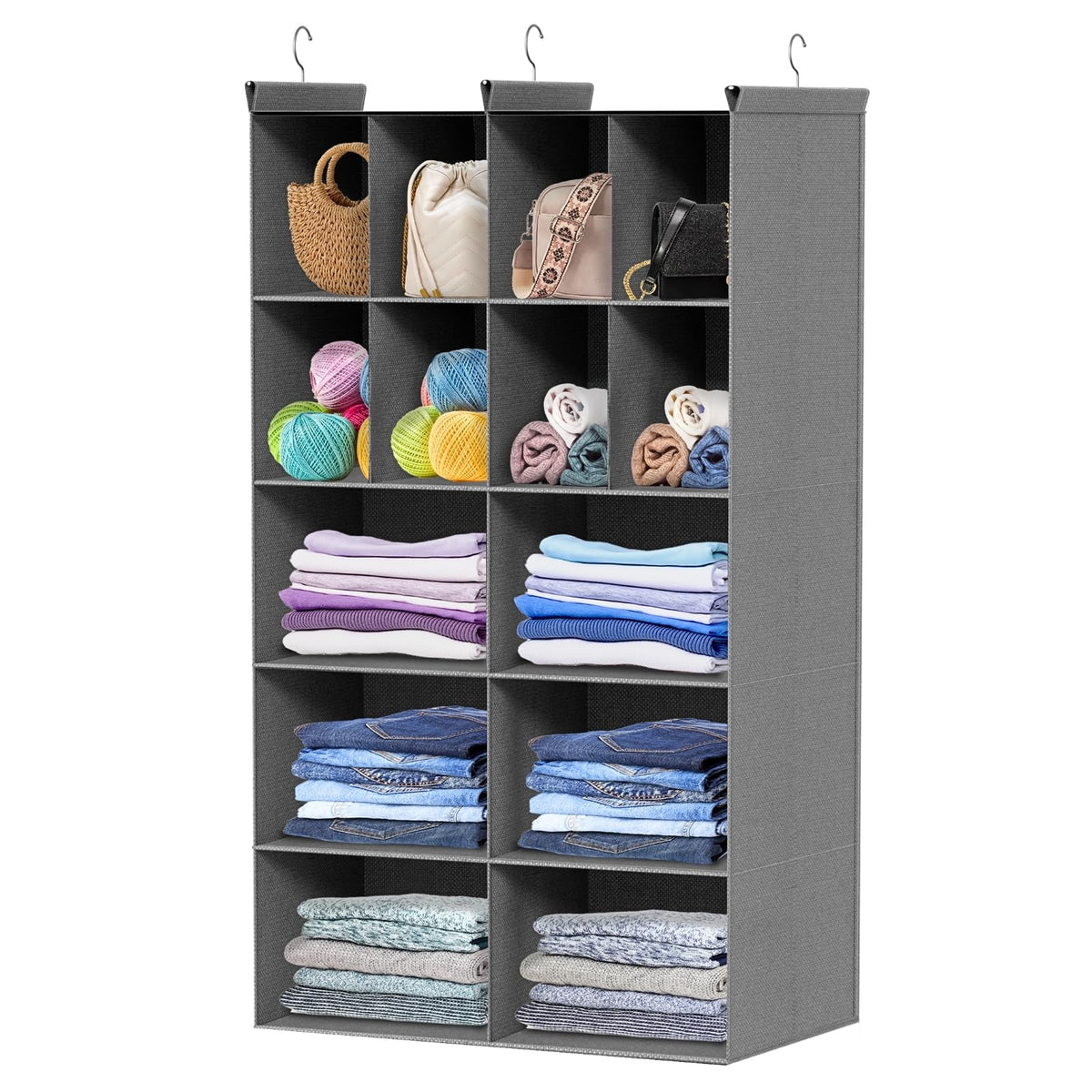 6 Tier Hanging Closet Organizer, 16 Compartments Dual Row Storage, Grey