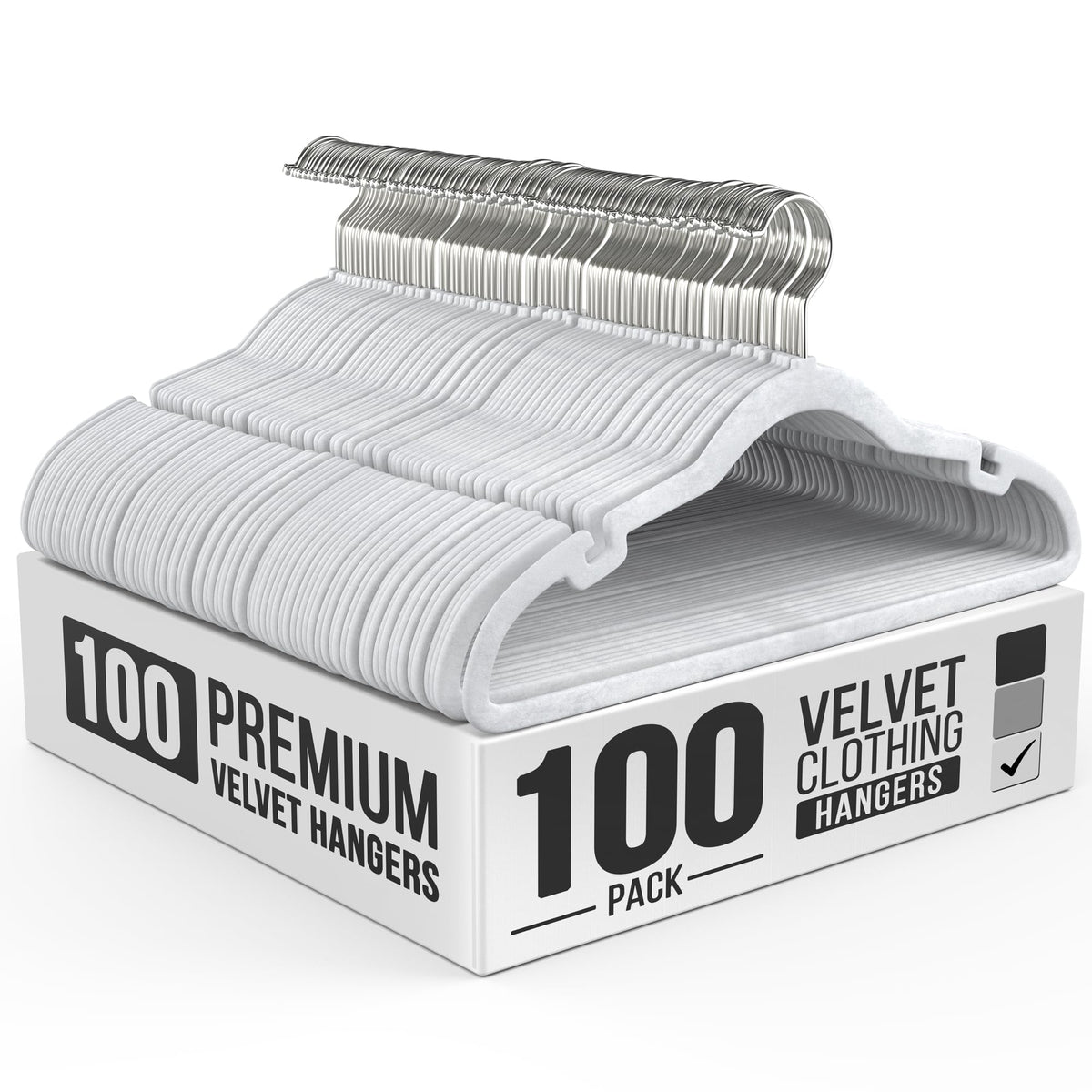 Our Modern Space 100 Pack Velvet Hanger for Shirt Pants Dresses Skirts Suits Jackets - Slim Space Saving Design - Standard Coat Hanger - Sturdy & Durable Design with Shoulder Grooves Hook