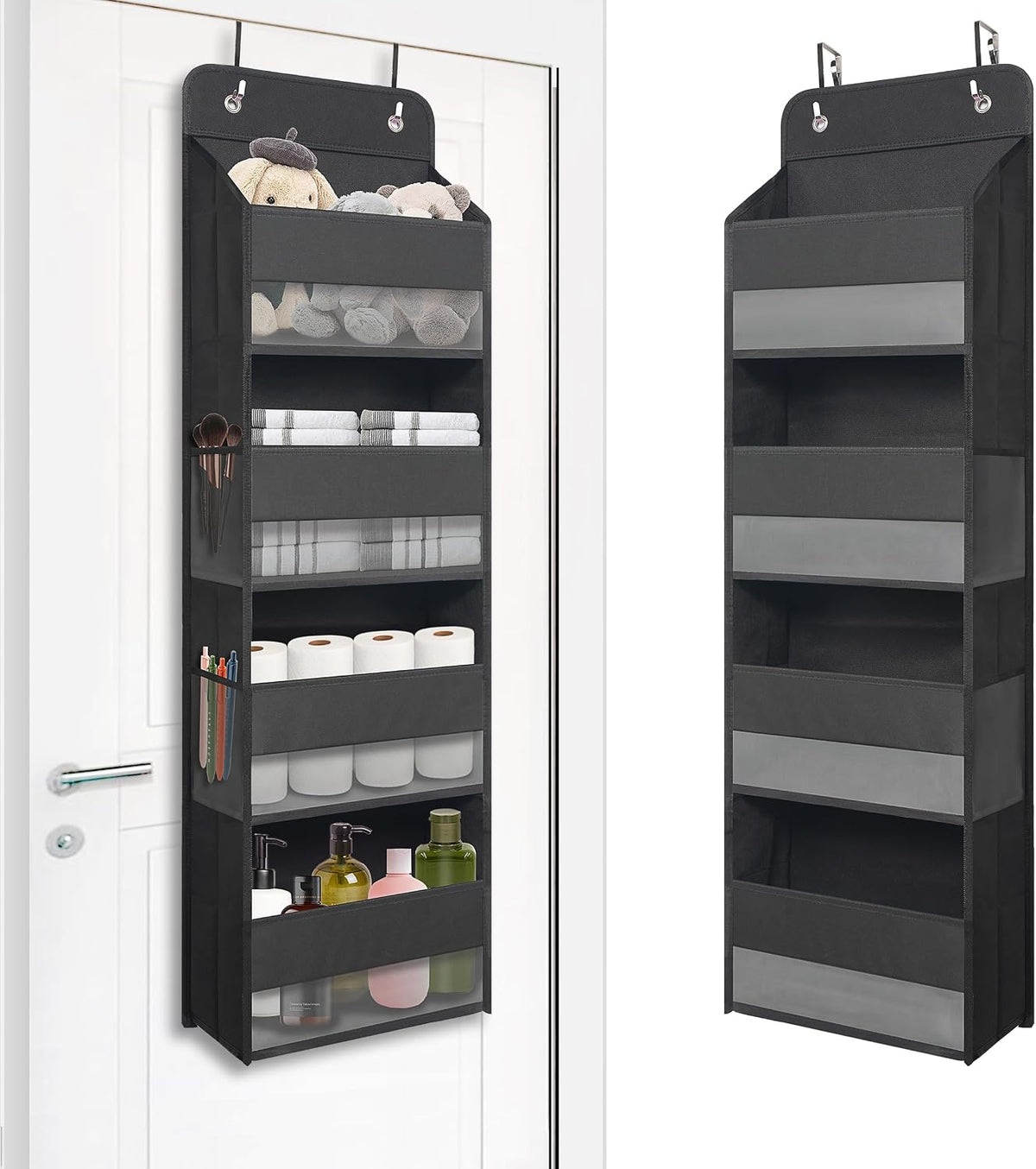 TYMENSH Black Over Door Organizer with 4 Large Clear Pockets, Compact Black Hanging Door Storage for Closet, Bathroom, Bedroom, Dorm, Nursery, Toys, Cosmetics, Baby Essentials