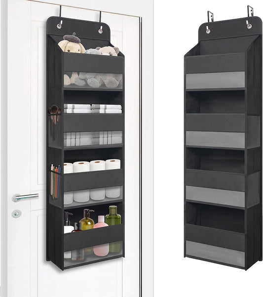 TYMENSH Black Over Door Organizer with 4 Large Clear Pockets, Compact Black Hanging Door Storage for Closet, Bathroom, Bedroom, Dorm, Nursery, Toys, Cosmetics, Baby Essentials