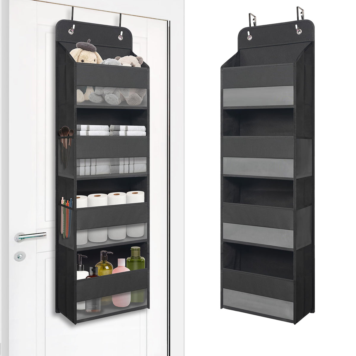 TYMENSH Black Over Door Organizer with 4 Large Clear Pockets, Compact Black Hanging Door Storage for Closet, Bathroom, Bedroom, Dorm, Nursery, Toys, Cosmetics, Baby Essentials
