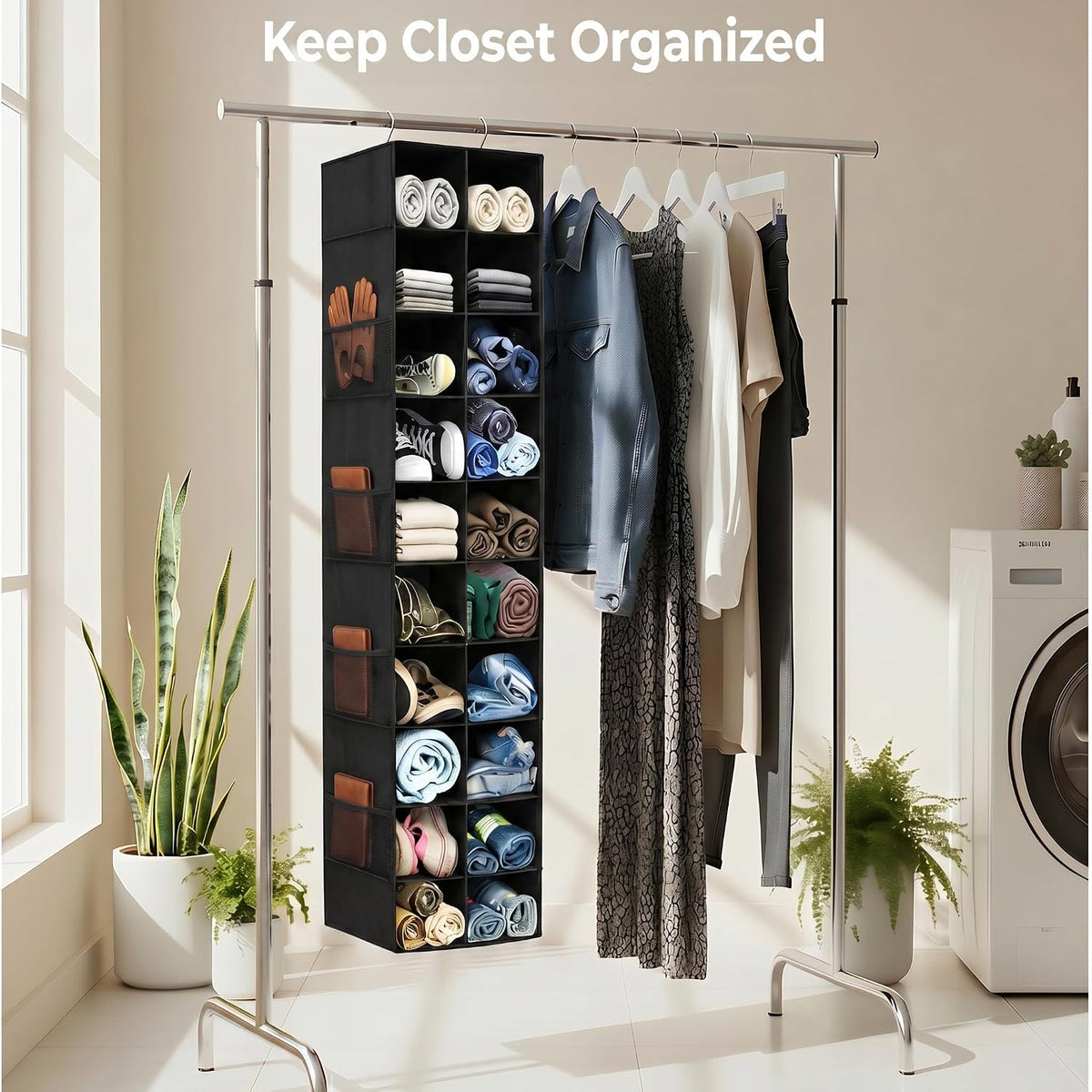 Hanging Shoe Organizer for Closet - 20 Extended Sections Closet Shoe Storage Rack with 8 Side Mesh Pockets, Foldable Shelves Holder for Clothes Shoes Shirts Jeans Hats