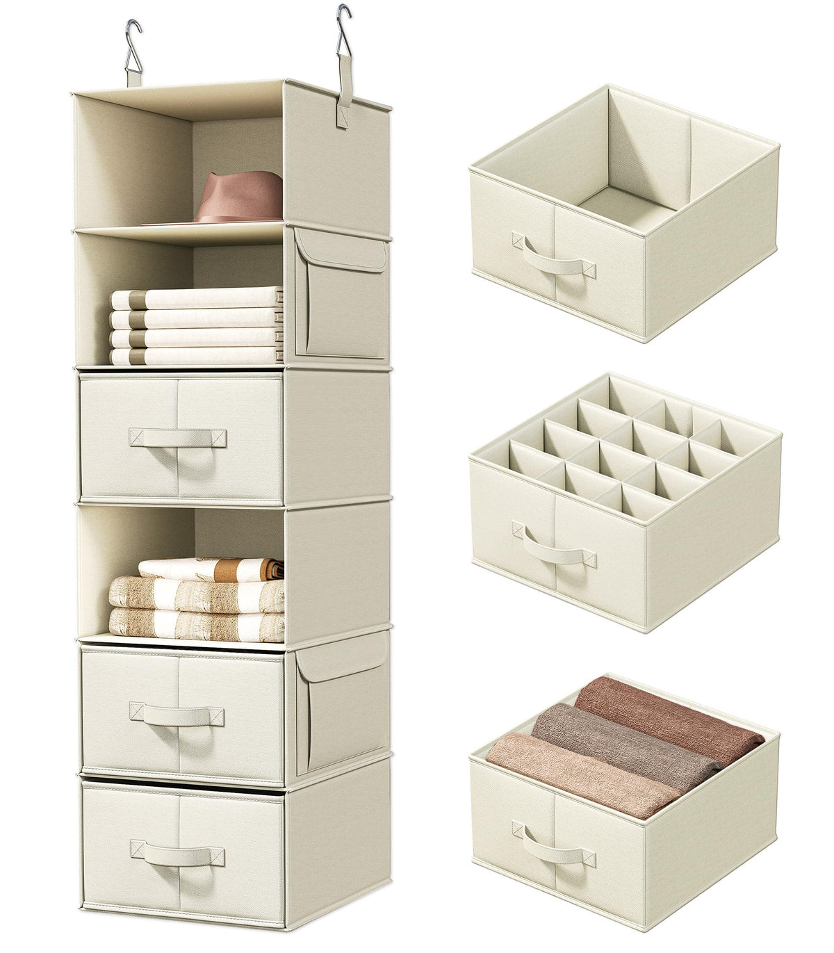 6-Shelf Hanging Closet Organizer with 3 Drawers, Separable, Silver Gray