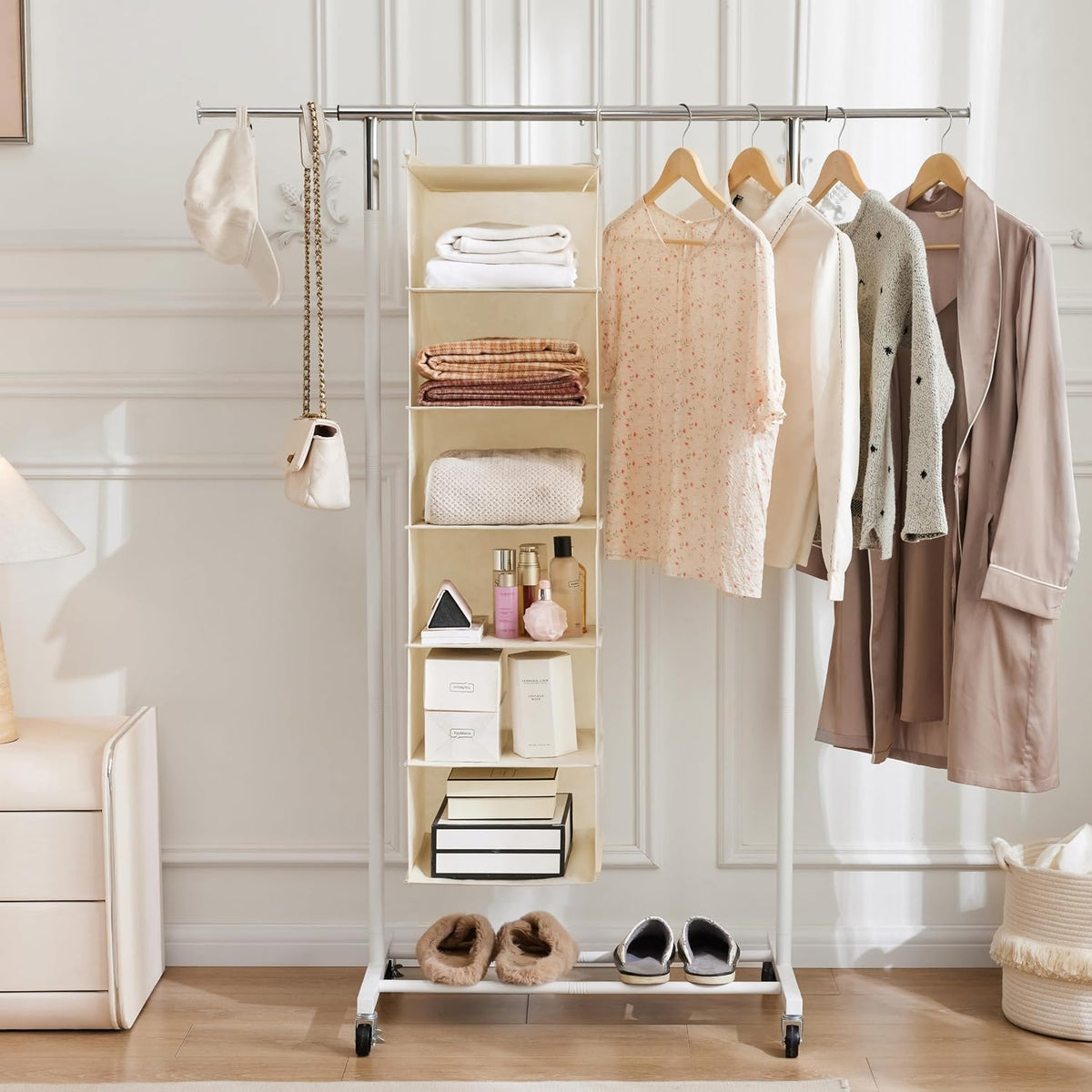 MAX Houser 6 Tier Shelf Hanging Closet Organizer with 2 Hooks, Beige
