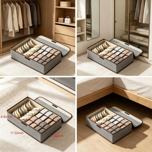 Underwear Drawer Organizer Dividers with Lid, 17 Cells Fabric Foldable Dresser Closet Organizers and Storage Bins Dustproof, Women Men Underwear Socks, Bra, Ties, Scarf