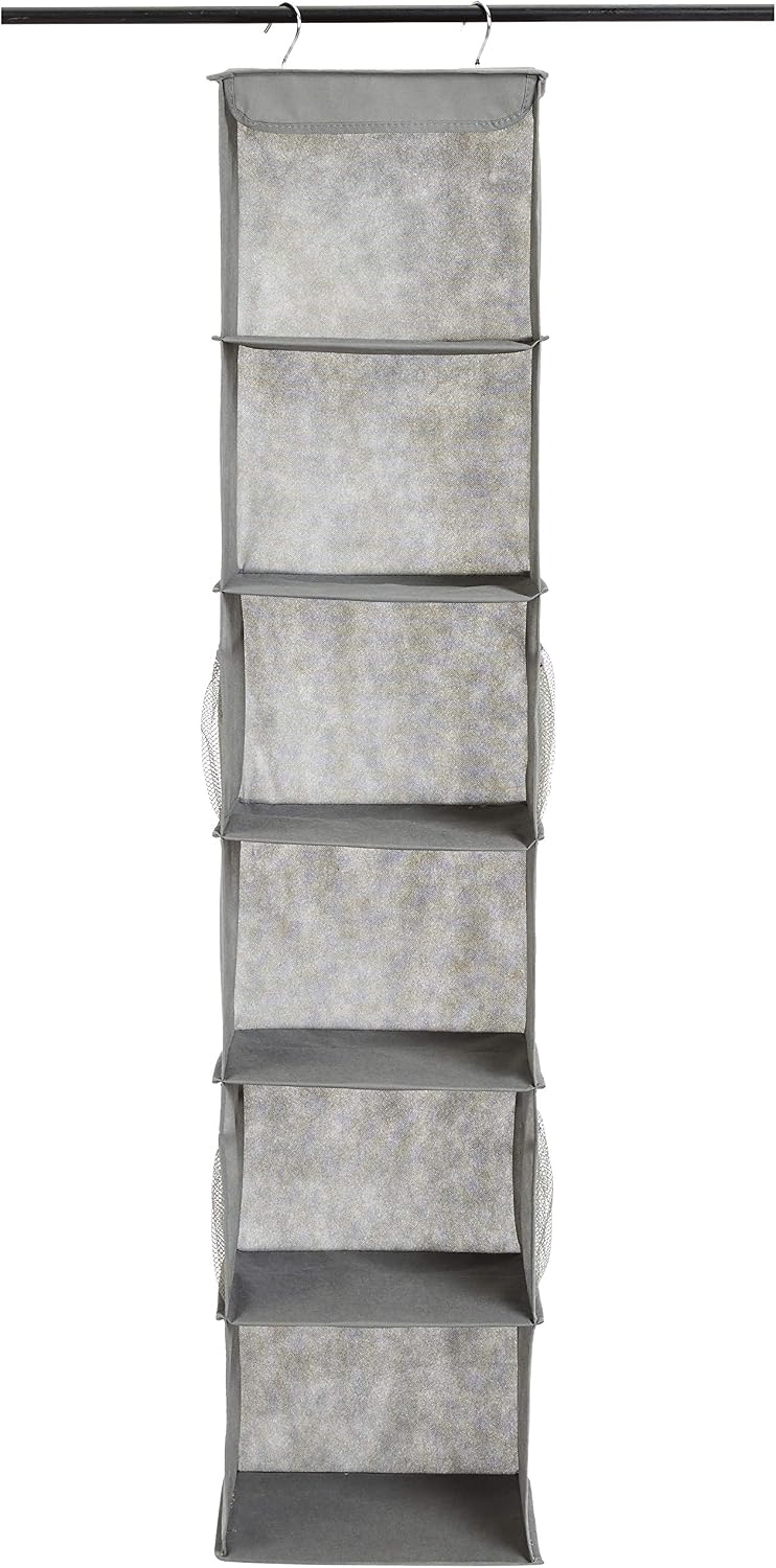 Amazon Basics 6-Tier Hanging Closet Shelf Organizer with Pockets, Clothes Storage for Sweaters and Clothing, 12" W x 9" L x 8.5" H, Grey