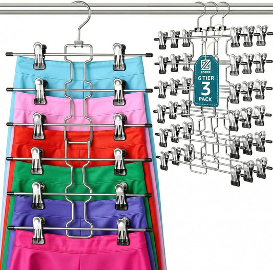 ZOBER 3-Pack 6-Tier Skirt Hangers with Clips, Clothes Hangers for Pants
