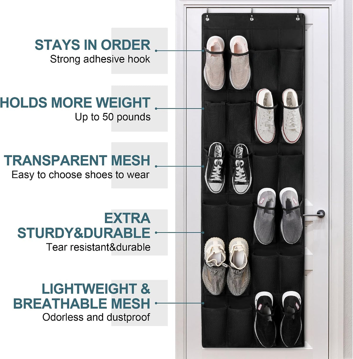 24 Large Pockets Upgraded Over the Door Shoe Organizer, Enhanced Hanging Solution Holder Closets, Shoe Cabinets for Everyone