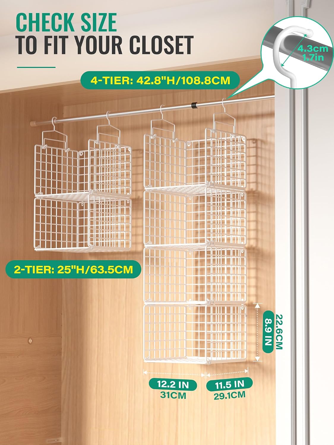 Hanging Closet Organizer, 4 Tier Metal Closet Organizers and Storage with 4 Hanging Hooks 4 S-Hooks for Wardrobe Laundry Room, Wire Storage Shelf for Clothes Sweaters Pants (White)