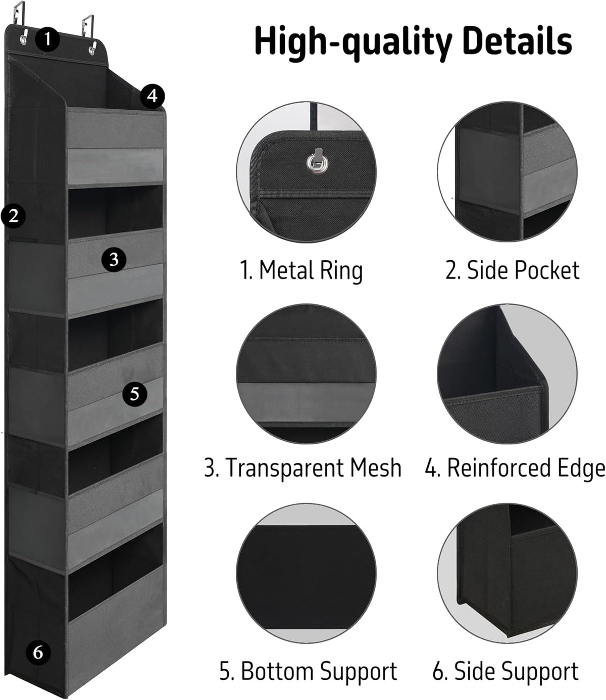 TYMENSH Black Over Door Organizer with 5 Large Clear Pockets and 6 Side Mesh Pockets, Anti-Tilt Hanging Door Storage for Closet, Bathroom, Nursery, Bedroom, Dorm, Toys, Cosmetics