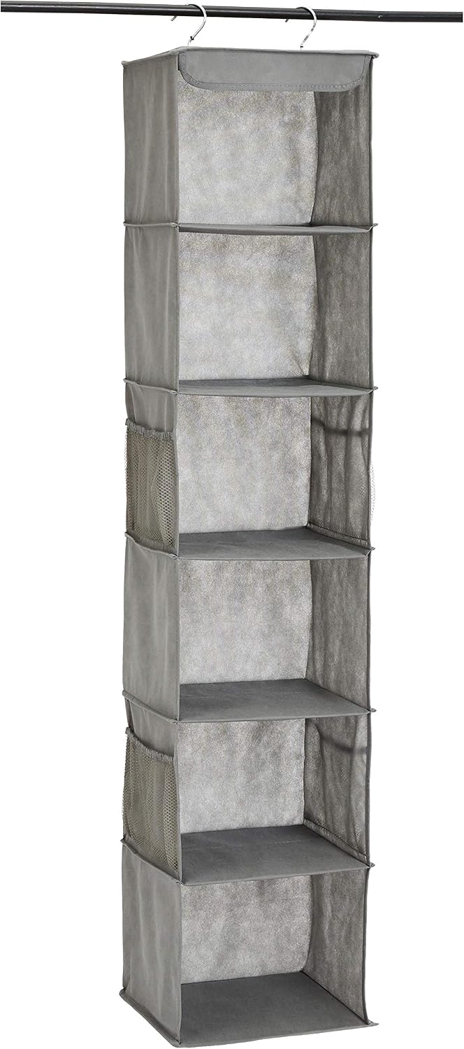 Amazon Basics 6-Tier Hanging Closet Shelf Organizer with Pockets, Clothes Storage for Sweaters and Clothing, 12" W x 9" L x 8.5" H, Grey
