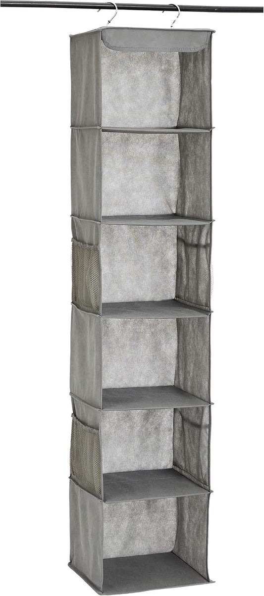 Amazon Basics 6-Tier Hanging Closet Shelf Organizer with Pockets, Clothes Storage for Sweaters and Clothing, 12" W x 9" L x 8.5" H, Grey