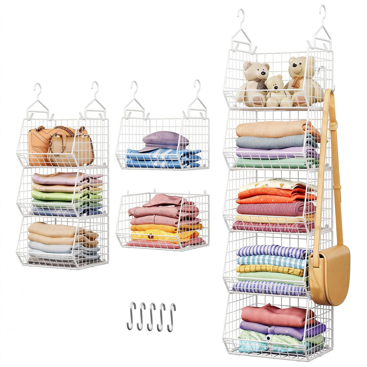 X-cosrack 5 Tier Closet Hanging Organizer, Clothes Hanging Shelves with 4 Hanging Hooks 5 S Hooks, Wire Storage Basket Bins, for Clothing Sweaters Shoes Handbags Clutches Accessories Patent Design