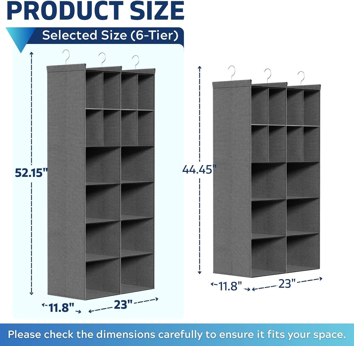 6 Tier Hanging Closet Organizer, 16 Compartments Dual Row Storage, Grey