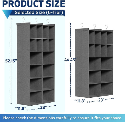 6 Tier Hanging Closet Organizer, 16 Compartments Dual Row Storage, Grey