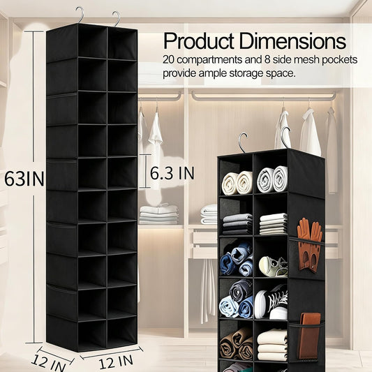 Hanging Shoe Organizer for Closet - 20 Extended Sections Closet Shoe Storage Rack with 8 Side Mesh Pockets, Foldable Shelves Holder for Clothes Shoes Shirts Jeans Hats