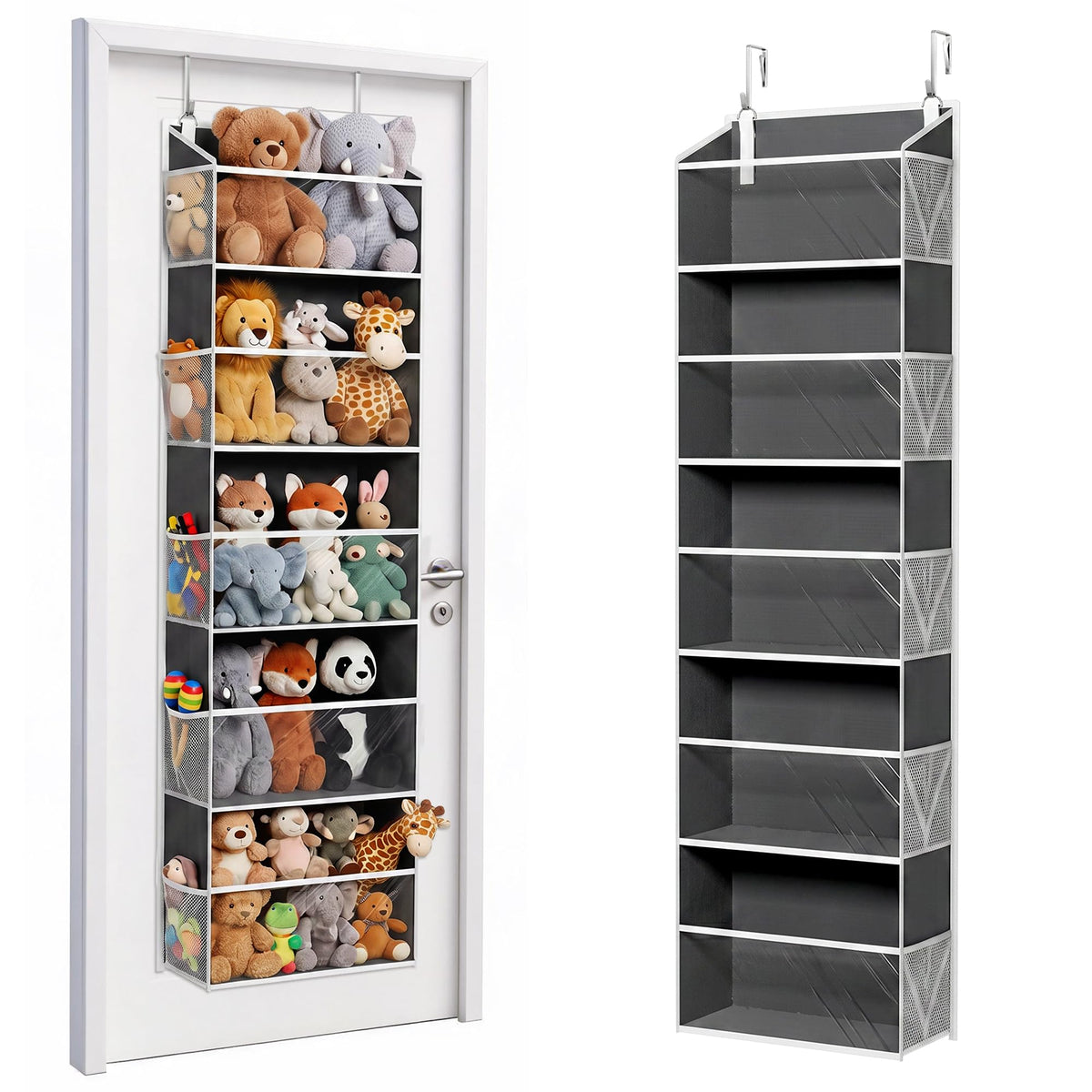 ULG 1 Pack Over Door Organizer with 5 Large and 10 Mesh Side Pockets, 44 lbs Weight Capacity Hanging Storage with Clear Window Kids Toys, Shoes, Diapers, Dark Grey, 5 Layers