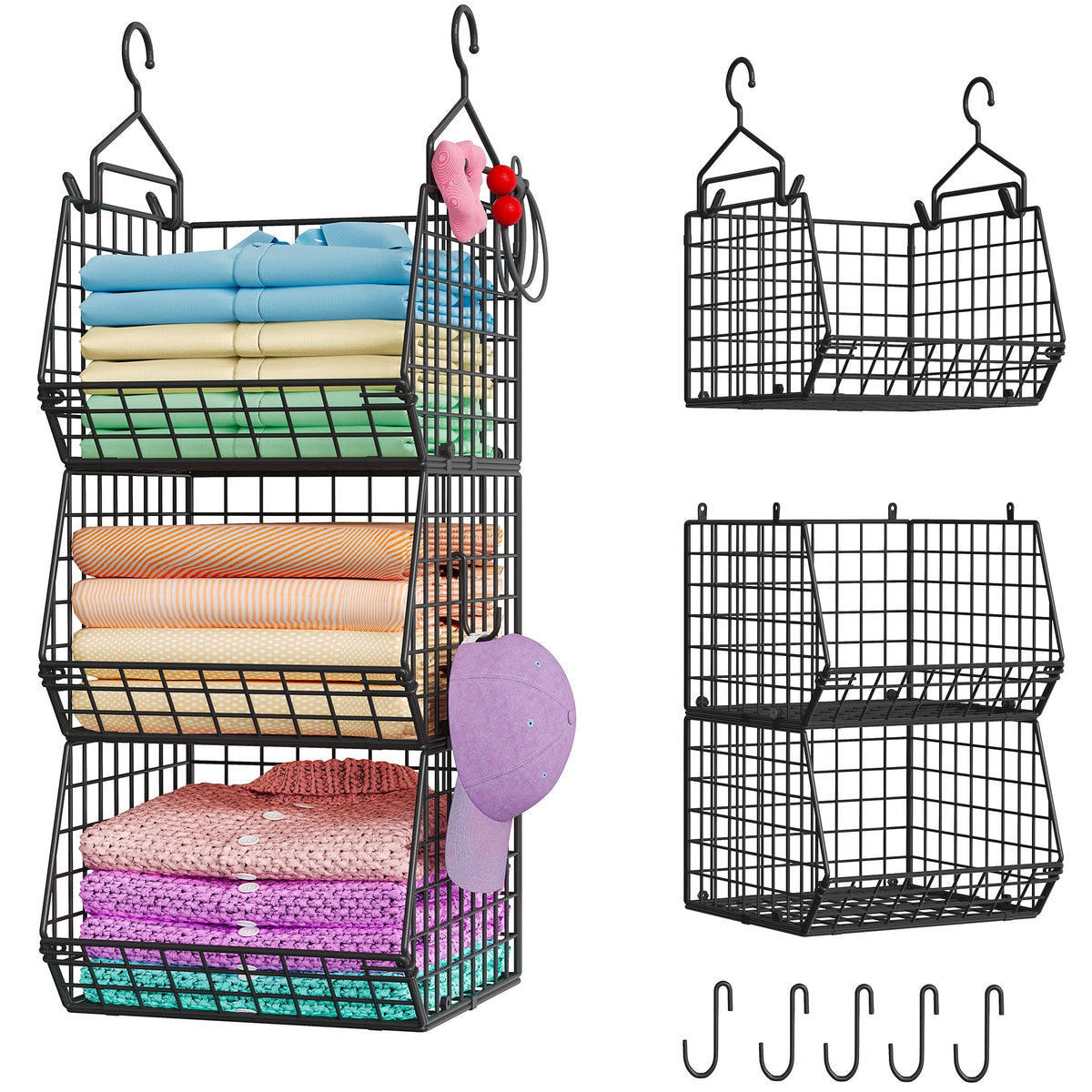 X-cosrack 3-Tier Hanging Closet Organizer, Laundry Room Organization | Space Saving Shelves with 1.65" Hook & 5 S-Hooks | Hanging Wire Baskets (12.4" W x 8.8" H x 10.24-11.8" D)