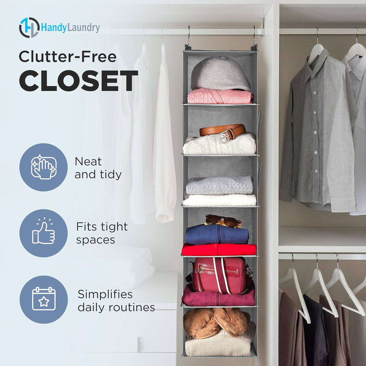 Handy Laundry Hanging Closet Organizer - 6 Shelf Storage for Clothes, Sweaters, Shoes & Accessories - Space-Saving Wardrobe Shelves with Hooks for Dorm, RV & Small Closet Organization (Grey)