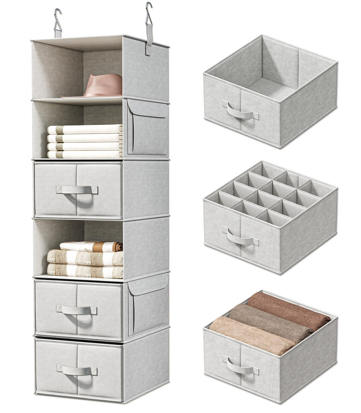 6-Shelf Hanging Closet Organizer with 3 Drawers, Separable, Silver Gray