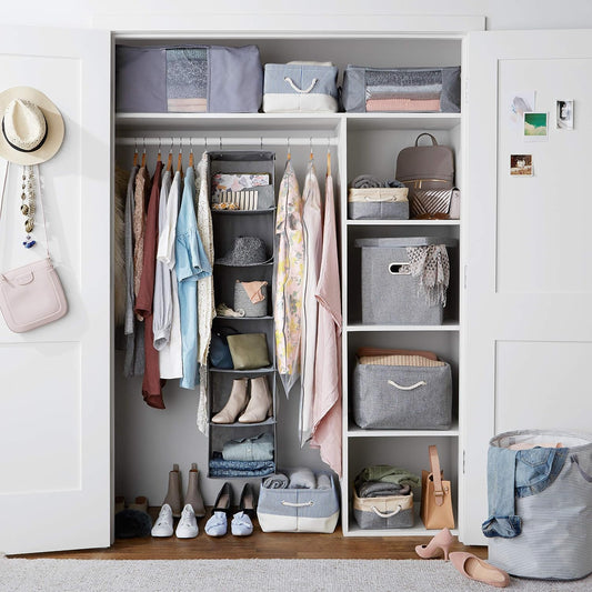 Amazon Basics 6-Tier Hanging Closet Shelf Organizer with Pockets, Clothes Storage for Sweaters and Clothing, 12" W x 9" L x 8.5" H, Grey