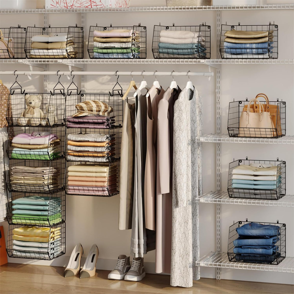 X-cosrack 5 Tier Closet Hanging Organizer, Clothes Hanging Shelves with 4 Hanging Hooks 5 S Hooks, Wire Storage Basket Bins, for Clothing Sweaters Shoes Handbags Clutches Accessories Patent Design