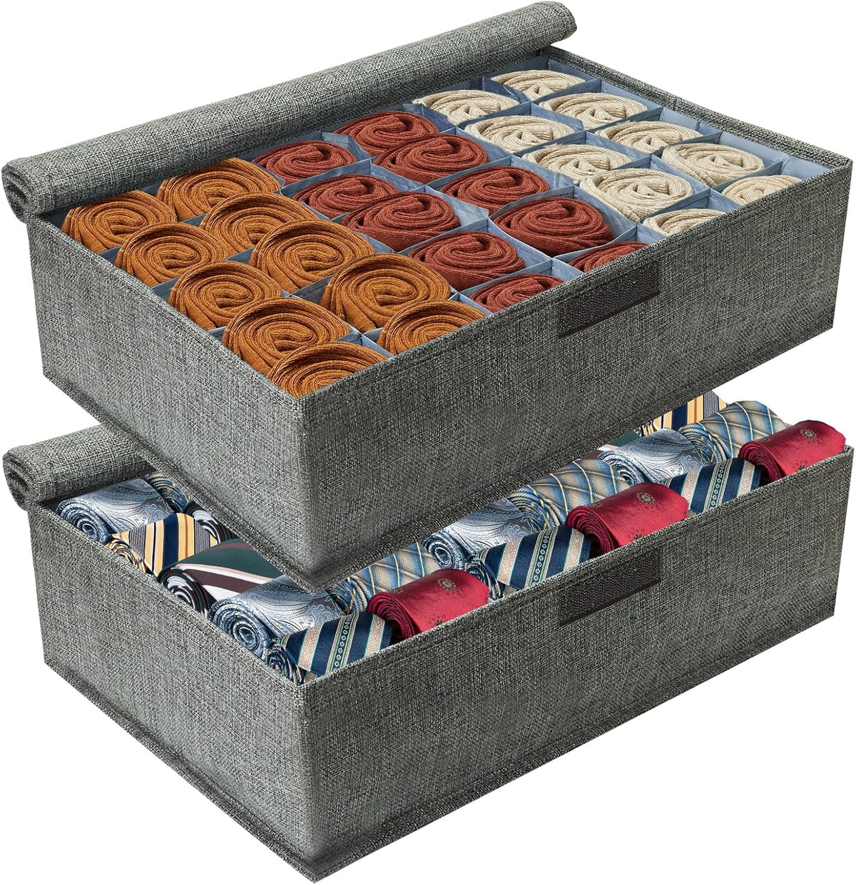 PINGMIC 2-Pack Sock & Tie Organizer with Lid, 30-Cell Foldable Storage Box