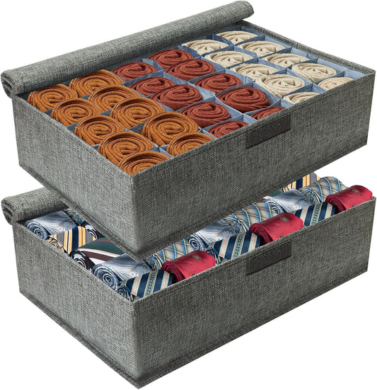 PINGMIC 2-Pack Sock & Tie Organizer with Lid, 30-Cell Foldable Storage Box