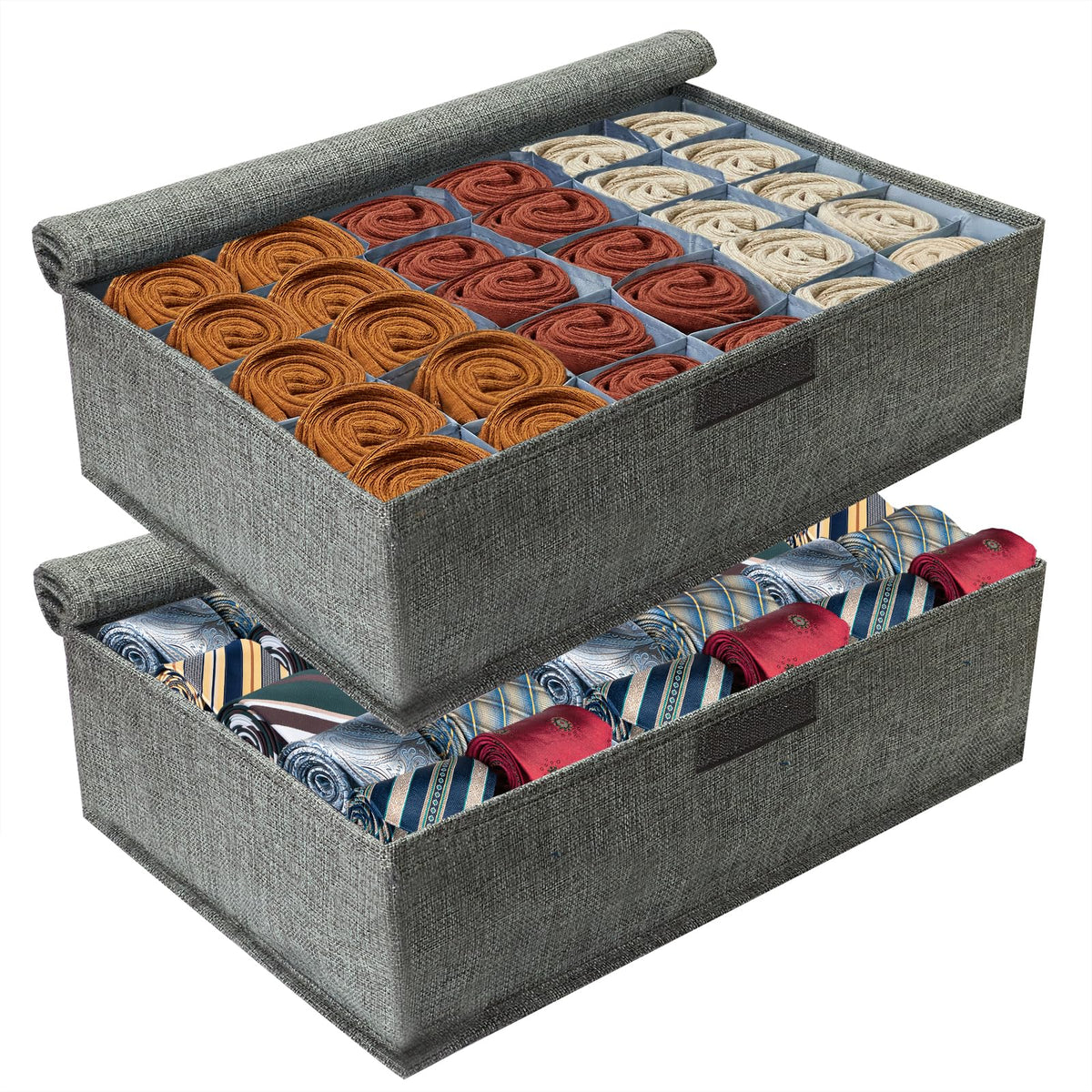 PINGMIC 2-Pack Sock & Tie Organizer with Lid, 30-Cell Foldable Storage Box