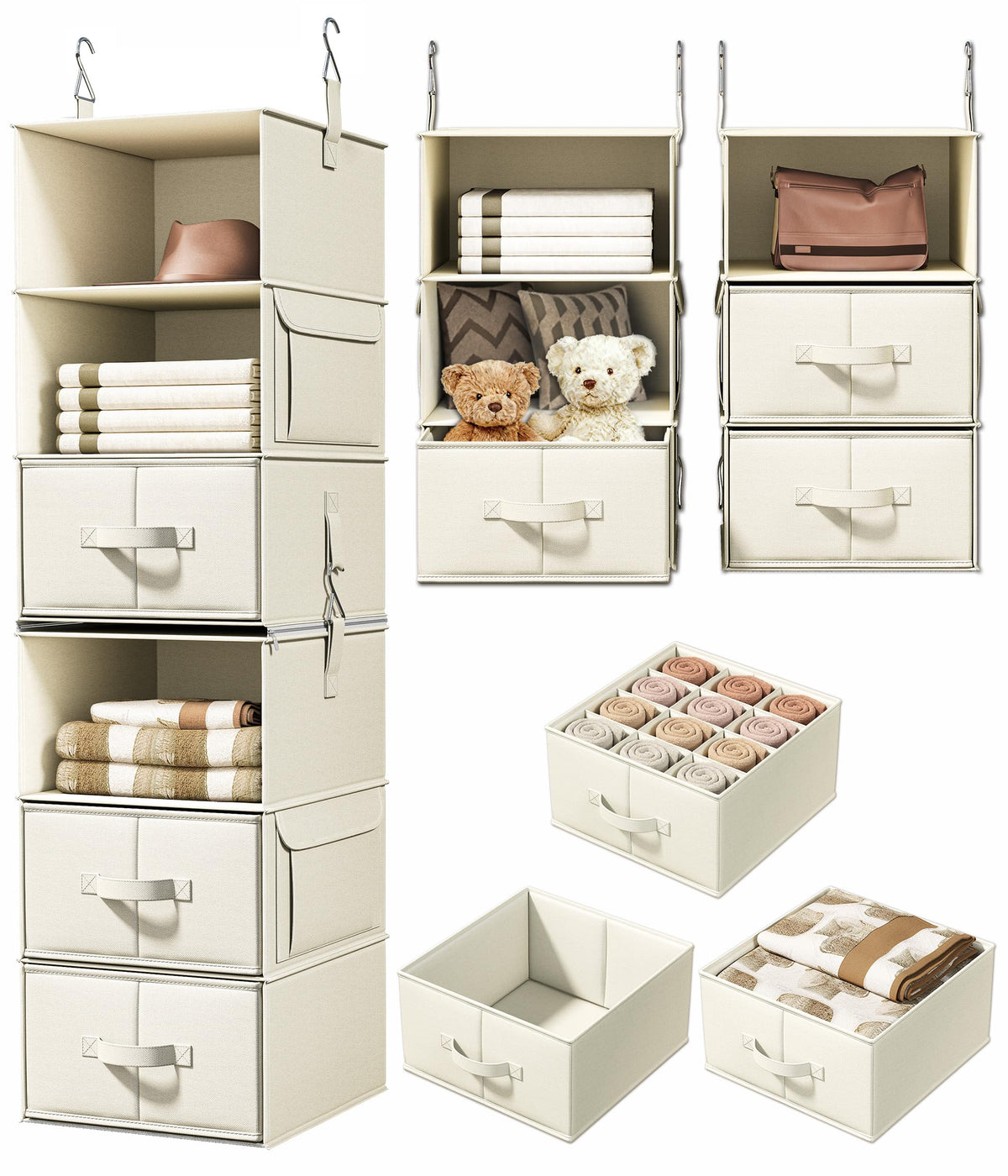6-Shelf Hanging Closet Organizer with 3 Drawers, Separable, Silver Gray