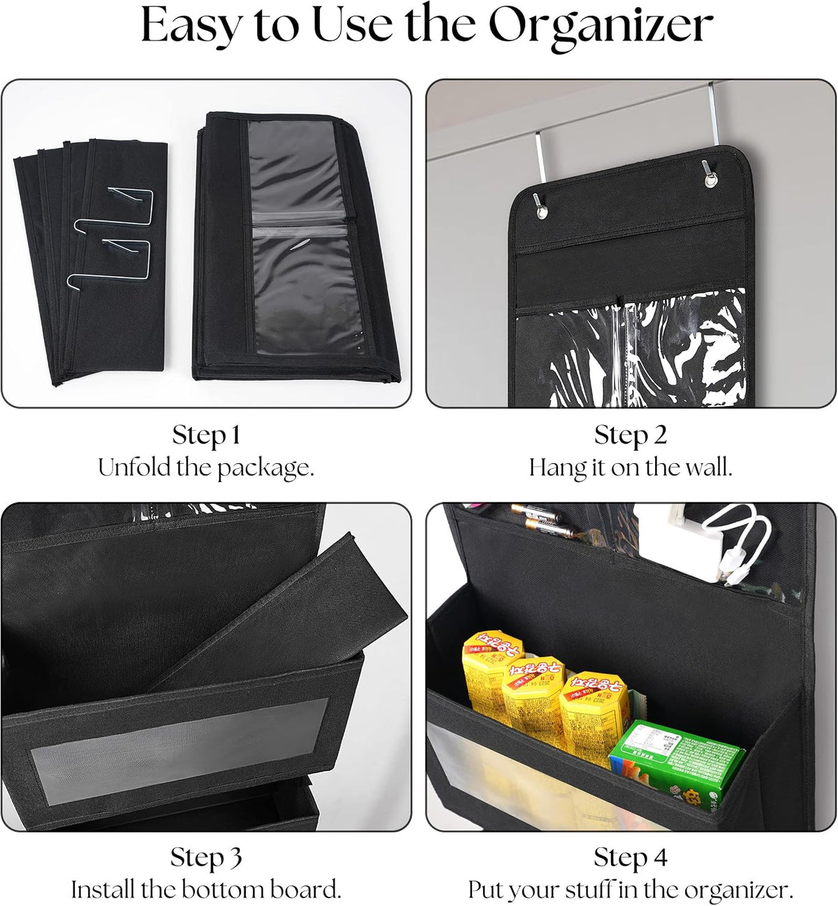Giraffe Creation Black Over Door Organizer with 4 Large Clear Pockets, Hanging Door Storage for Closet, Bathroom, Bedroom, Dorm, Nursery, Toys, Toiletries, Cosmetics