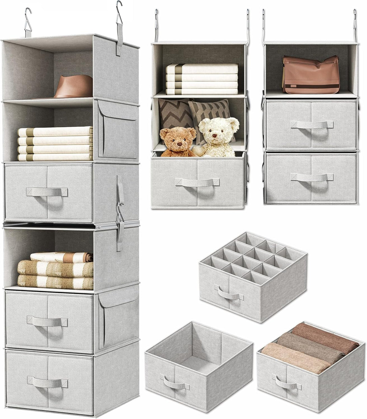 6-Shelf Hanging Closet Organizer with 3 Drawers, Separable, Silver Gray