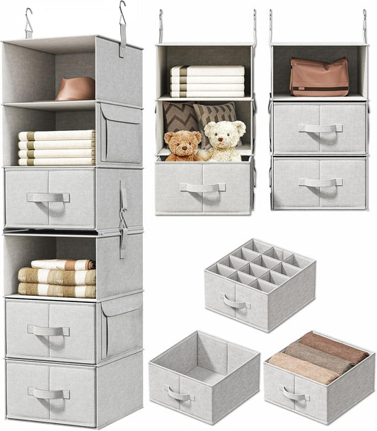 6-Shelf Hanging Closet Organizer with 3 Drawers, Separable, Silver Gray